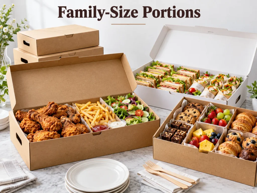 Large family-size food boxes packed with sandwiches, chicken, fries, pastries and shared party portions.