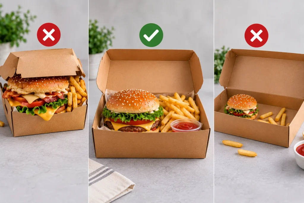 Comparison of overpacked, correctly packed and underpacked food boxes showing the importance of proper portion fit.