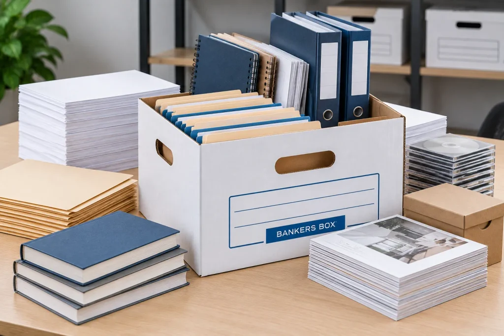 Banker box holding files, folders, binders, notebooks, and office documents.