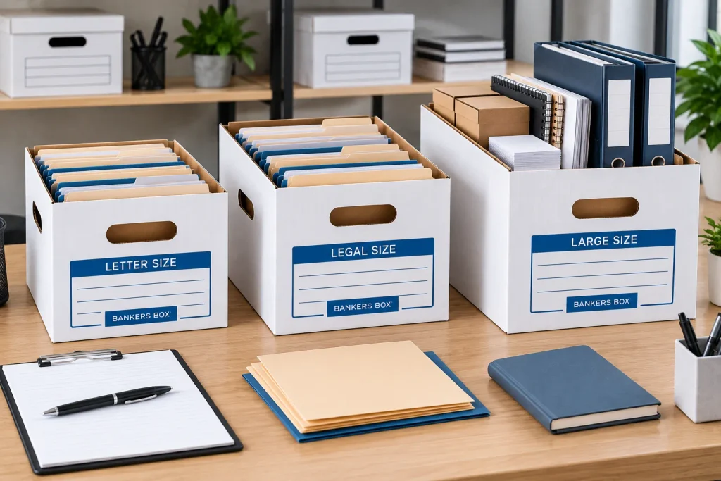 Letter, legal, and large banker boxes shown for choosing the right storage size.