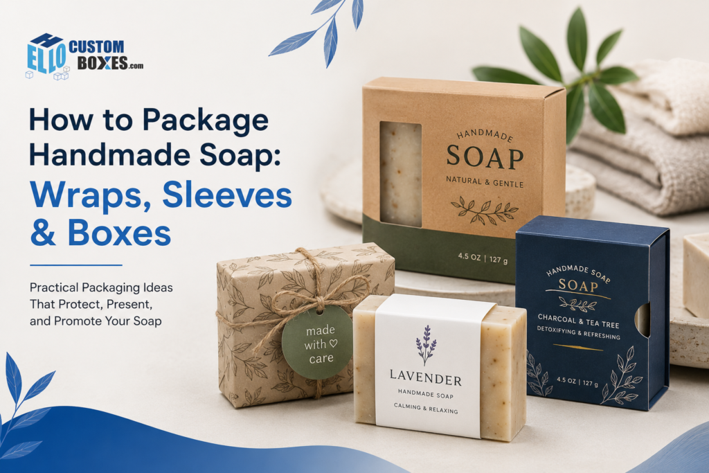 showing handmade soap packaged with paper wraps, branded sleeves, and custom soap boxes in a clean blue and natural-style presentation.