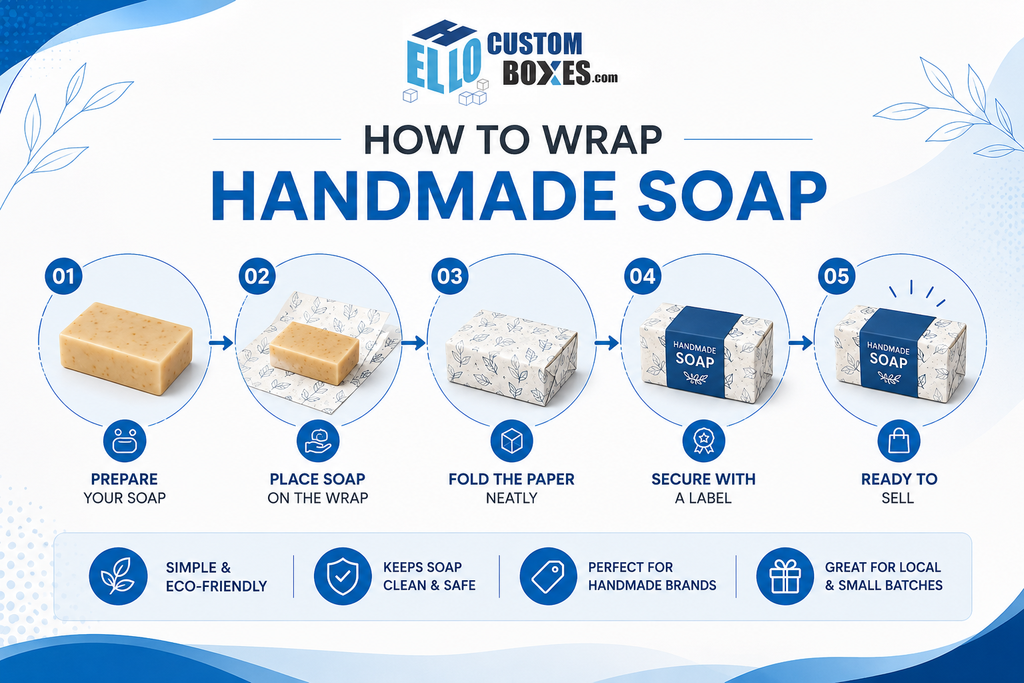 Simple step-by-step infographic showing how to wrap handmade soap using paper, neat folds, and a branded label.