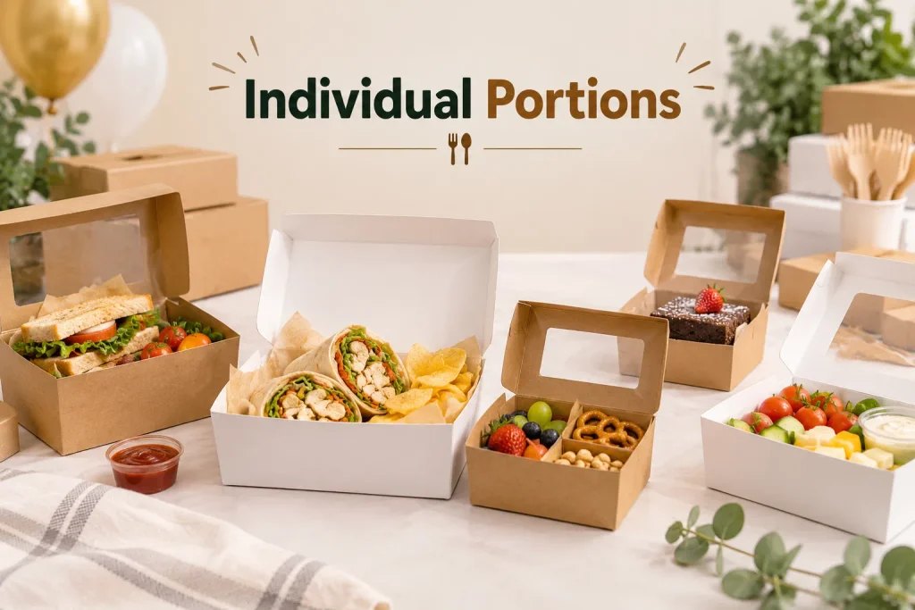 Individual party food boxes with sandwiches, wraps, snacks, fruit and desserts packed in separate portions.