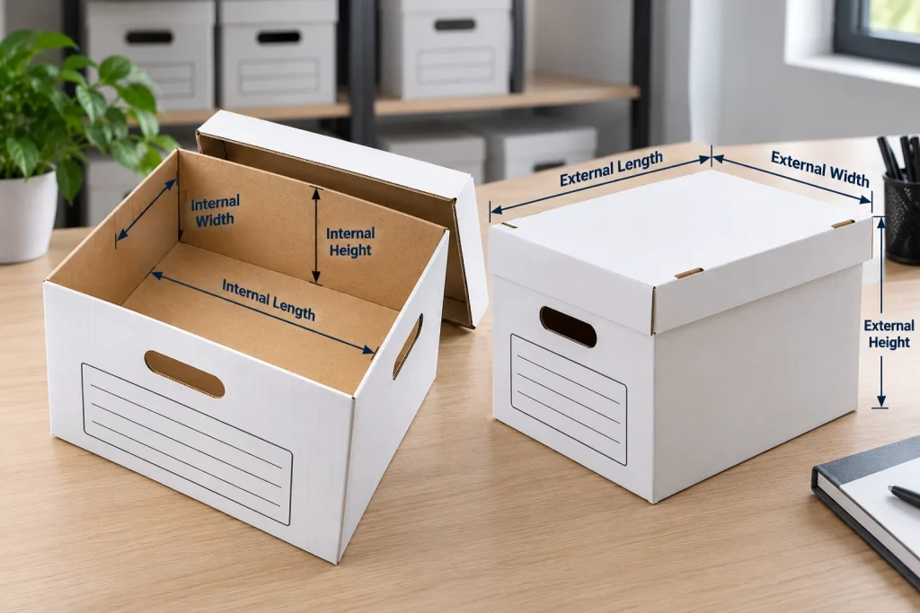 Banker boxes showing internal and external length, width, and height measurements.