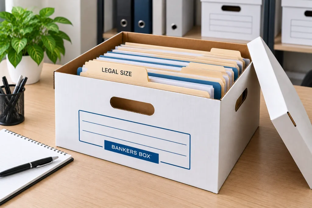 Banker box filled with neatly organised legal-size files and folders.