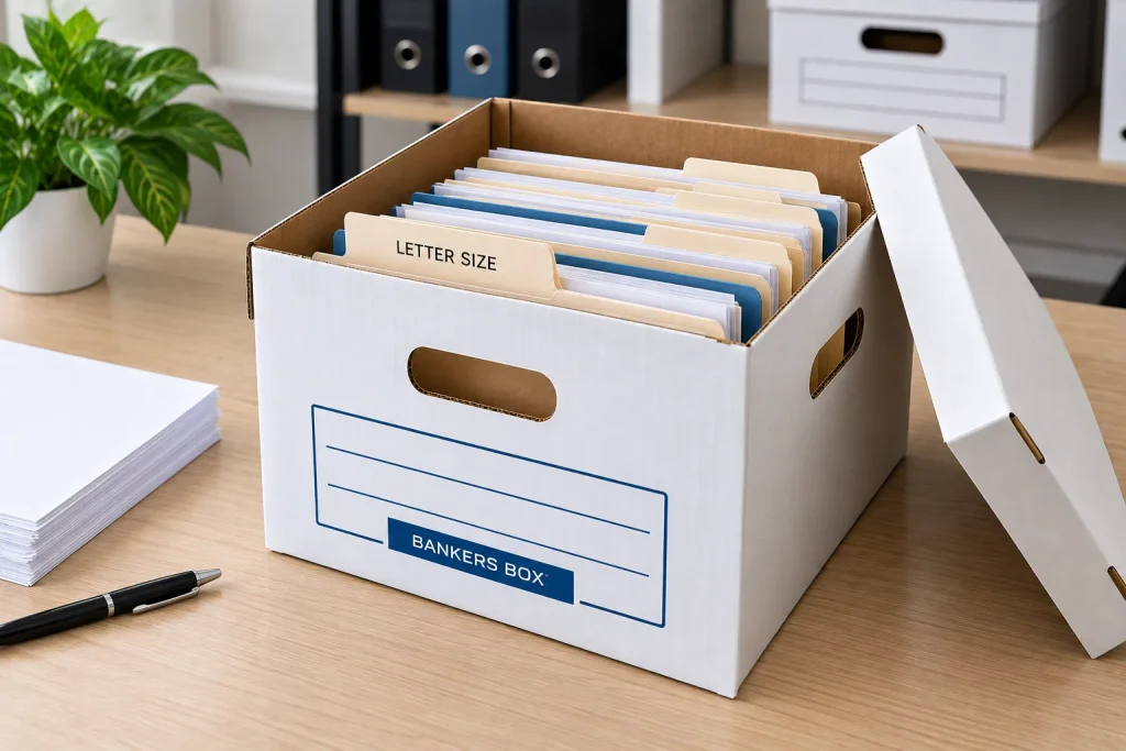 Banker box filled with neatly organised letter-size files and folders.