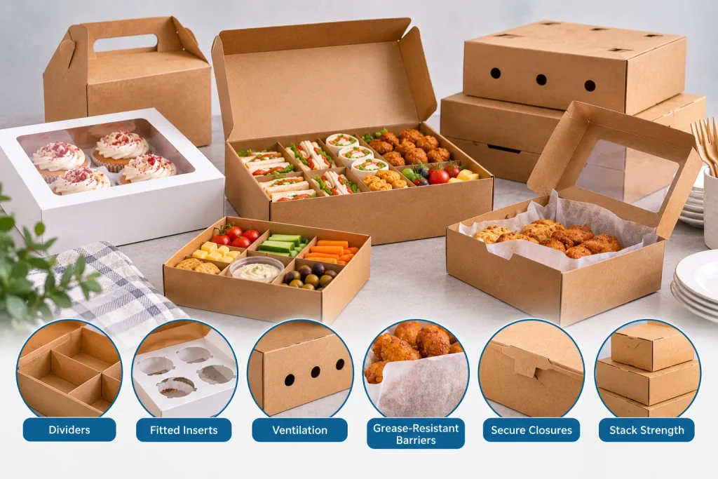 Party food boxes showing dividers, fitted inserts, ventilation, grease-resistant liners, secure closures and stackable designs.
