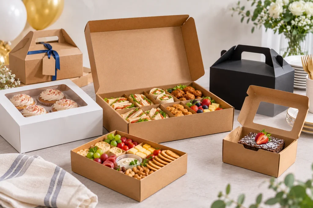 Different party food packaging boxes for desserts, sandwiches, snacks and catering meals arranged for events.