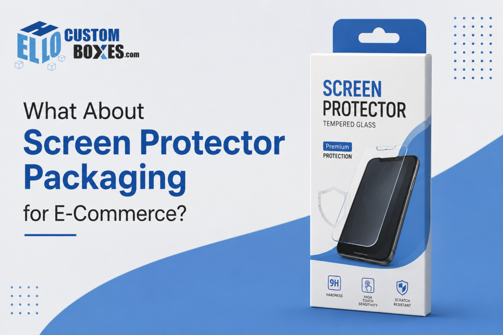 Screen protector hanger box packaging designed for e-commerce retail presentation.