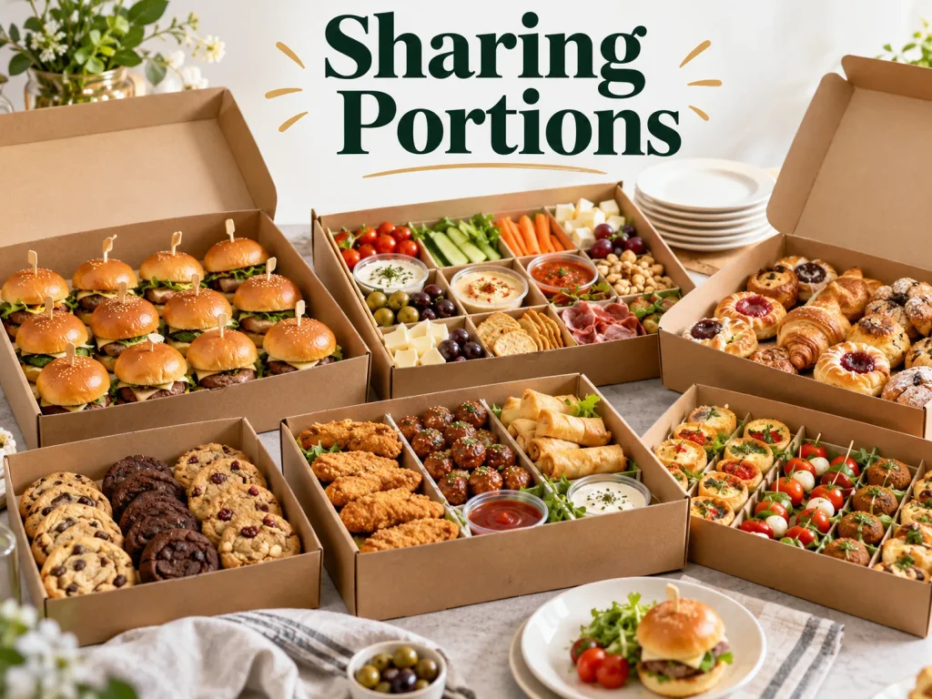 Sharing party food boxes filled with sliders, pastries, snacks and appetisers for group serving.