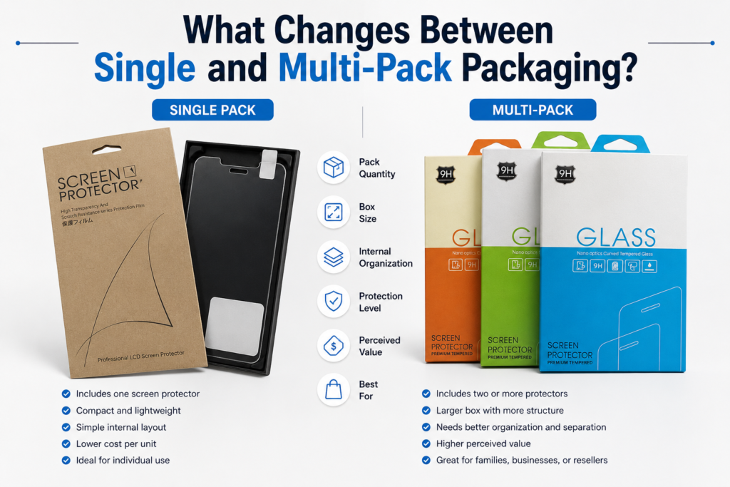 Single and multi-pack screen protector packaging comparison showing different box sizes and layouts.