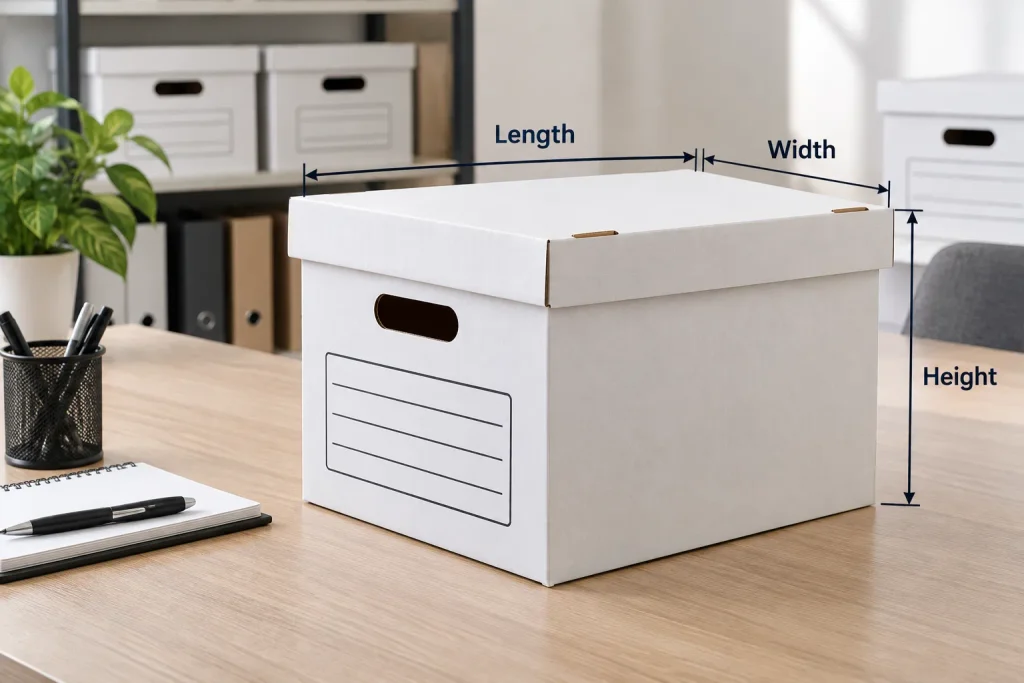 Standard banker box showing length, width, and height measurements.