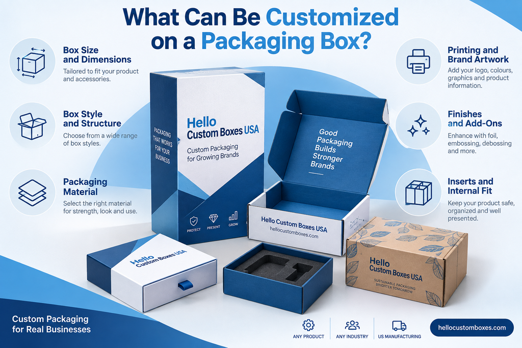 Custom packaging boxes options including size, materials, printing, finishes, and inserts.