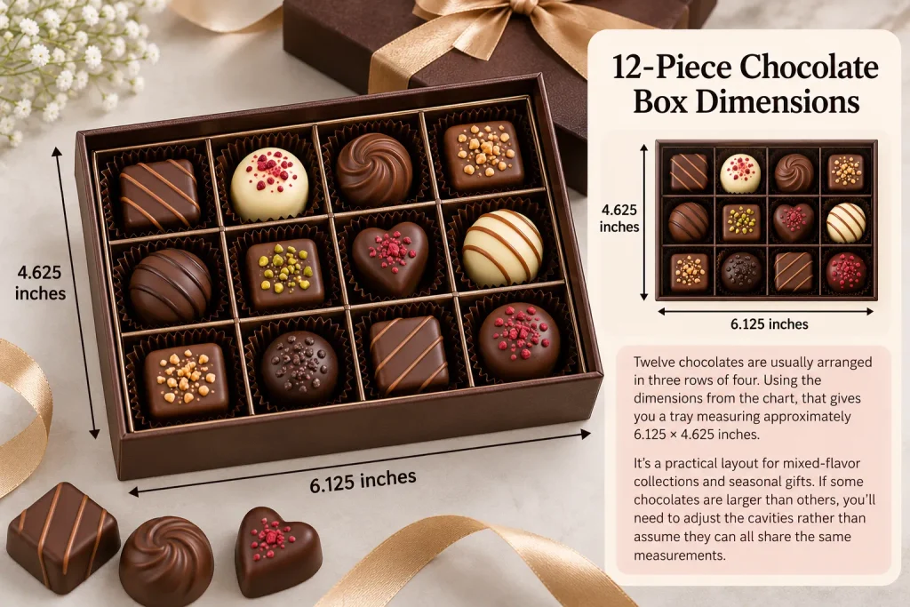 Open 12-piece chocolate box with a 3 × 4 arrangement and labeled tray dimensions.