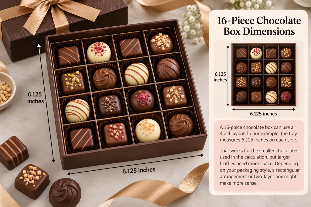 Sixteen assorted chocolates in a square 4 × 4 tray measuring 6.125 inches per side.