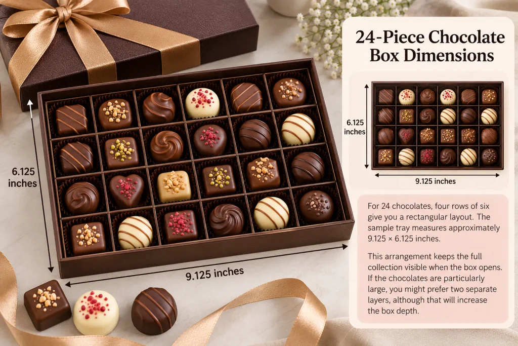 Rectangular 24-piece chocolate gift box with four rows of six assorted chocolates.