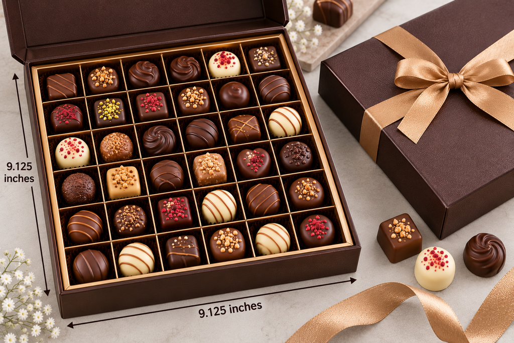 Open 36-piece chocolate gift box with a 6 × 6 divider tray measuring approximately 9.125 inches on each side.