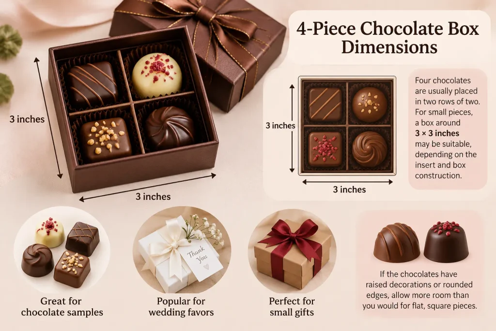 Open 4-piece chocolate gift box with a 2 × 2 layout and 3-inch dimensions.