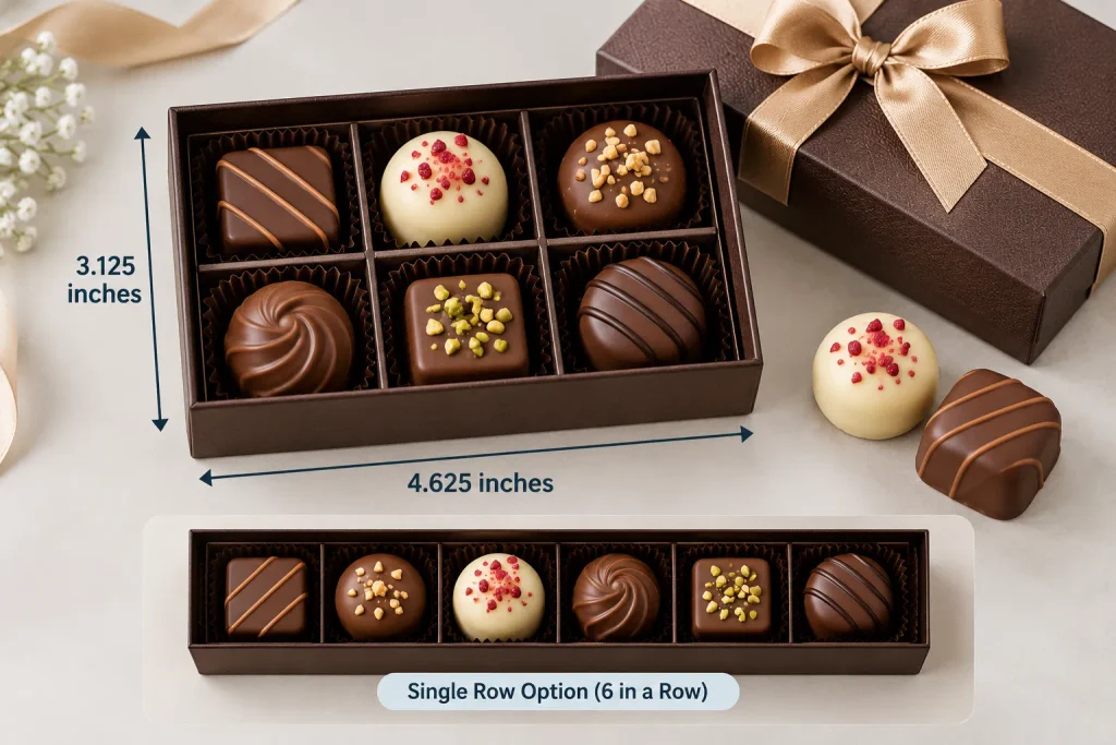Six assorted chocolates in a 2 × 3 box layout with an alternative single-row arrangement.
