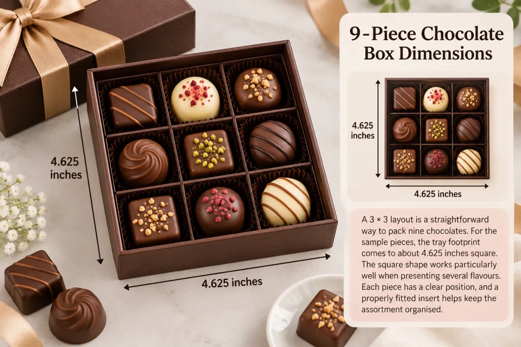 Square 9-piece chocolate box with a 3 × 3 divider tray measuring 4.625 inches per side.