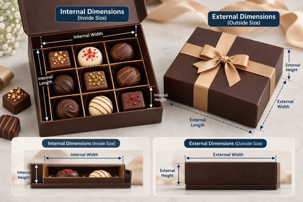 Open and closed chocolate boxes showing internal and external length, width, and height measurements.