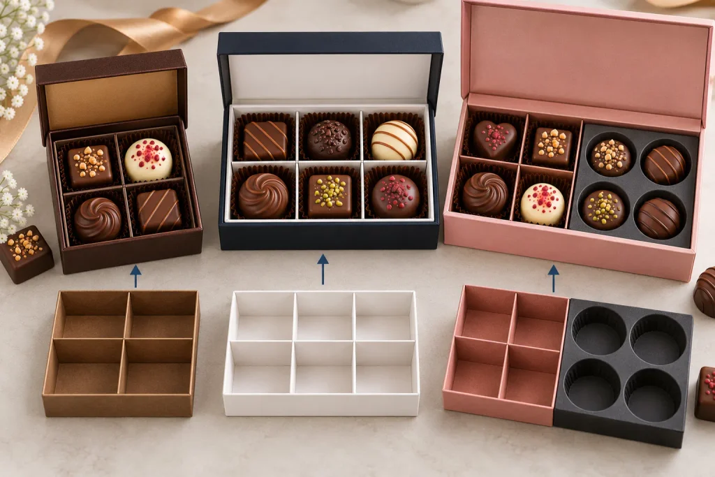 Chocolate packaging boxes with cardboard dividers and fitted inserts for different assortments.