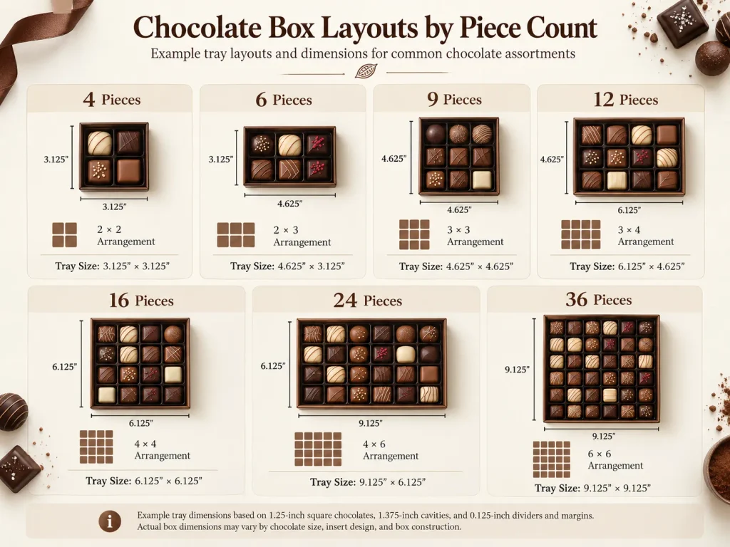 Chocolate box sizes for 4, 6, 9, 12, 16, 24 and 36 pieces