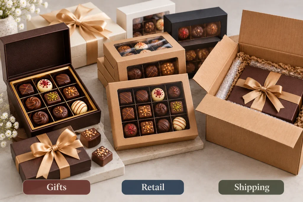 Chocolate gift boxes, retail display packaging, and protective shipping cartons shown together.