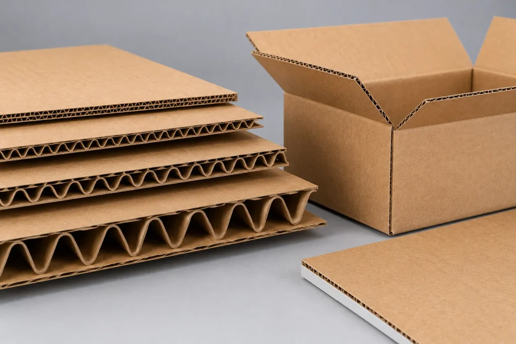 Close-up of corrugated cardboard sheets with different flute profiles and an open kraft shipping box.