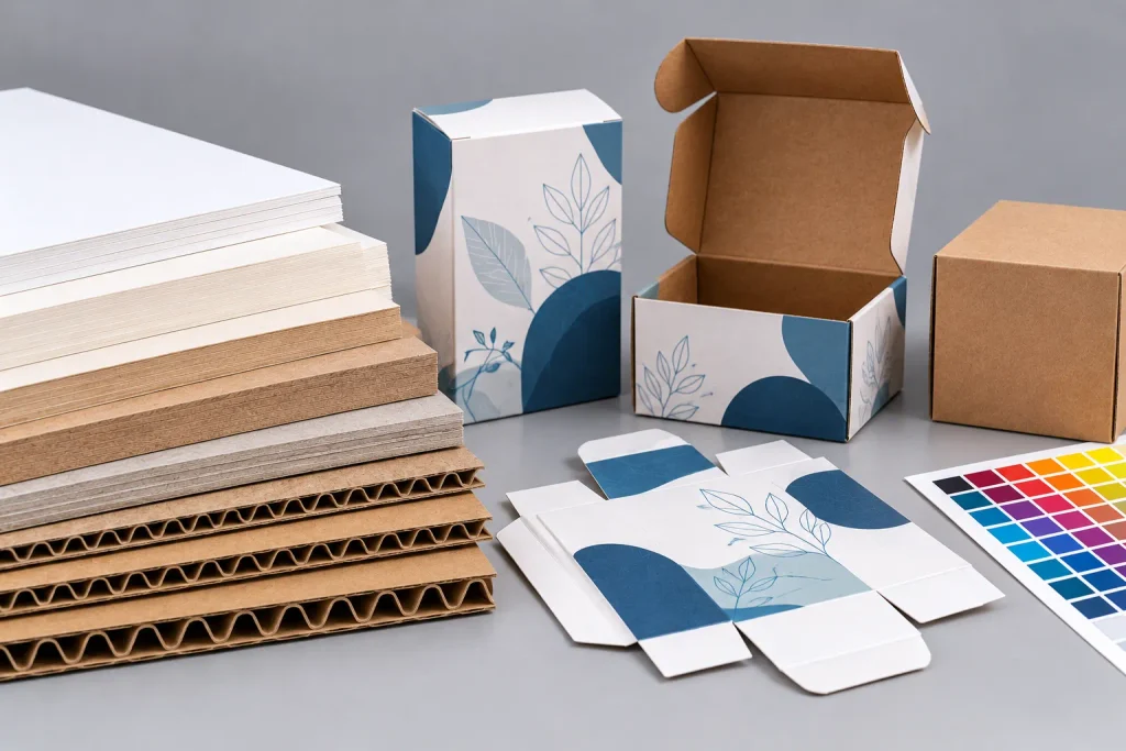 Printed folding cartons, cardboard sheets, packaging dieline, and color swatches illustrating printing and folding applications.
