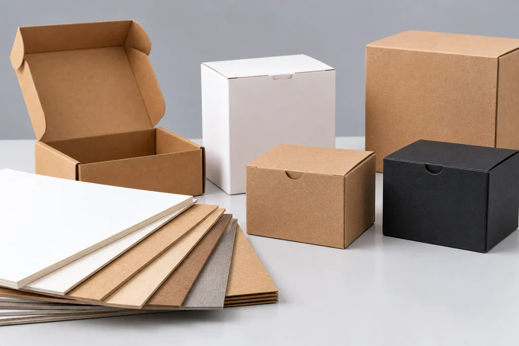 Kraft and white cardboard packaging boxes displayed alongside paperboard sheets of different weights and thicknesses.