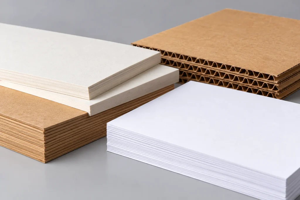 Stacks of white paper, kraft paperboard, and corrugated cardboard showing different packaging materials and thicknesses.
