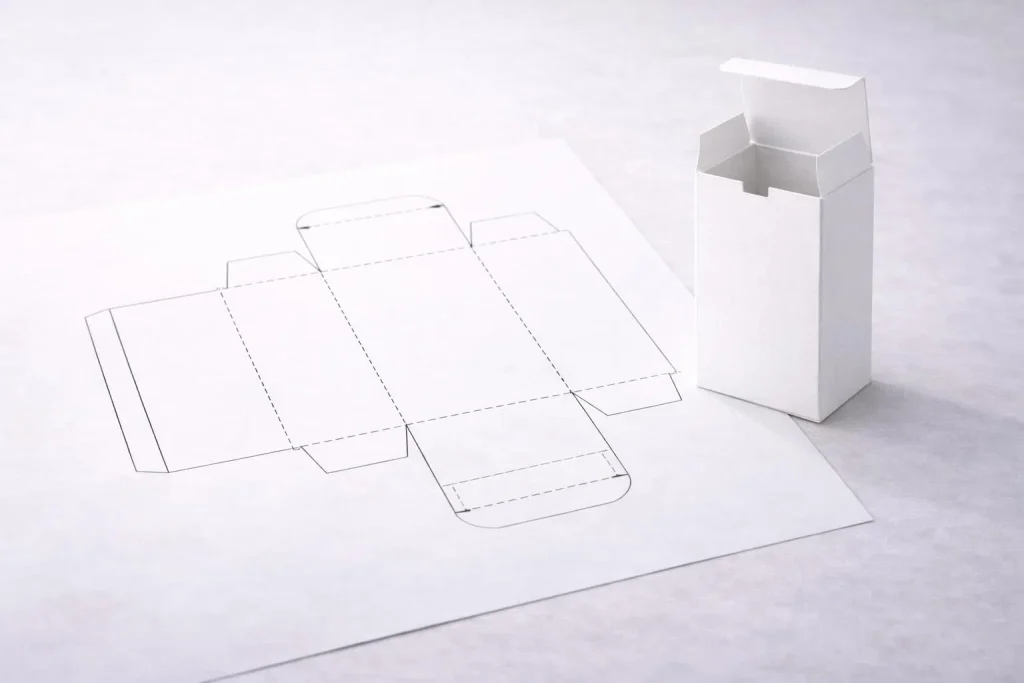 Flat paperboard carton dieline beside an assembled white folding box
