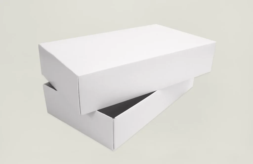 White rigid-style paperboard box with a partially lifted lid