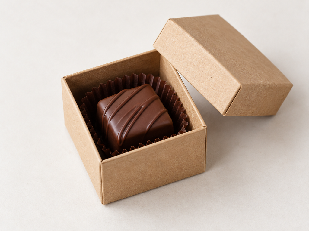 Single chocolate truffle in an open kraft cardboard box with a removable lid and brown paper cup.