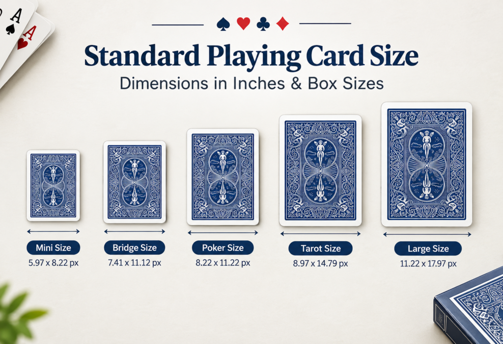 comparing five standard playing card sizes—Mini, Bridge, Poker, Tarot, and Large—with illustrated card designs and labeled dimensions to help determine the right playing card and box size.