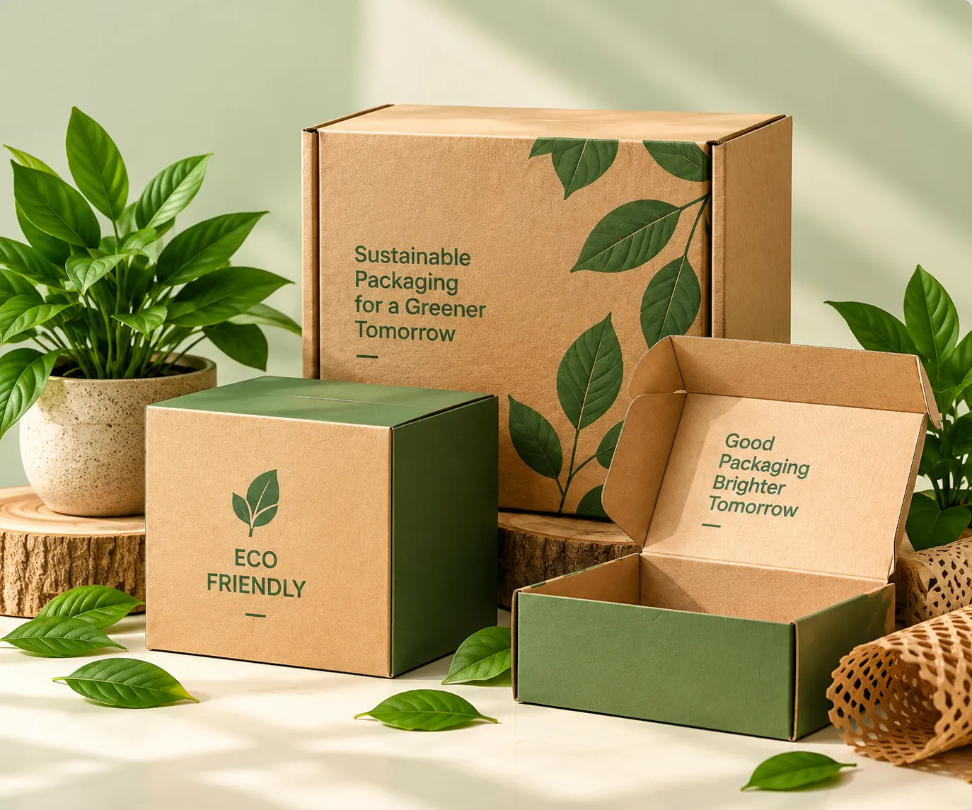 Sustainable kraft cardboard packaging boxes made from recyclable paper materials